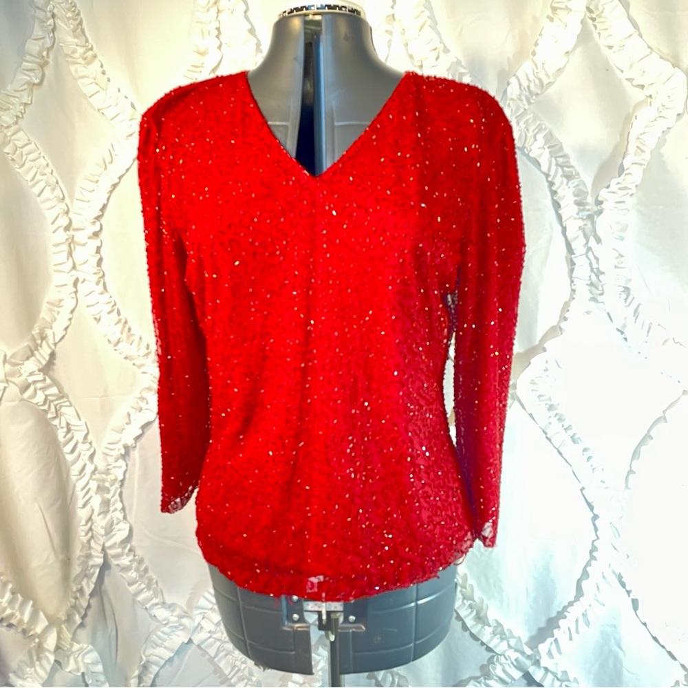 Red beaded pull over shirt by Chadwick’s- Large